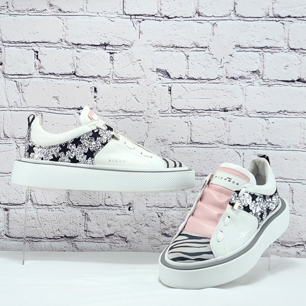 JOHN RICHMOND – Sneaker, white/pink, silver/black shimmer, size 9.5/40
